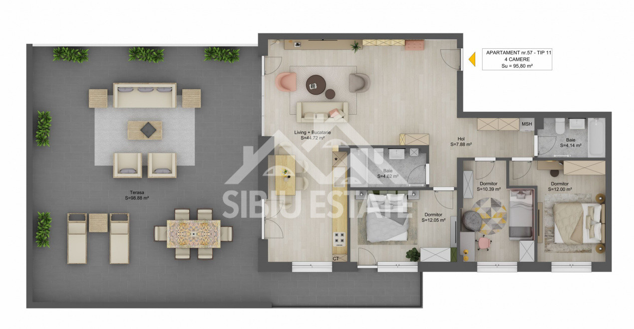 Penthouse Sibiu 4 camere, 2 bai terasa mare cu vedere panoramica