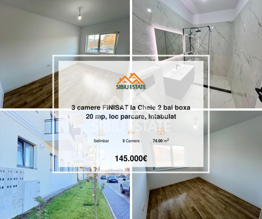 Apartament cu 3 camere, 2 bai, boxa 20 mp. loc de parcare -Finisat la cheie