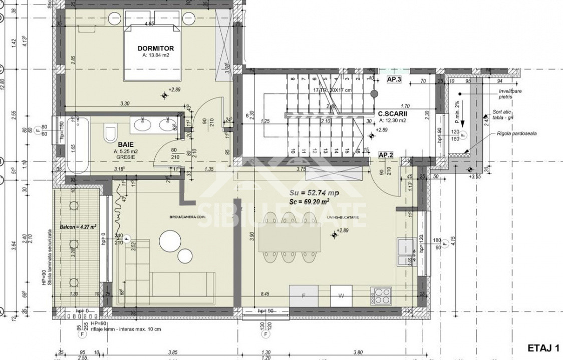Apartament 3 camere , 53 mp, Balcon 4,27 mp , Parcare inclusă