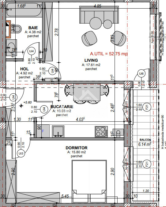 Apartament decomandat cu 2 camere-s.utila 53.46 mp, balcon 6,14- loc de parcare 