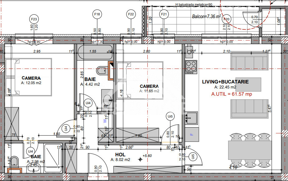 Apartament decomandat cu 3 camere, 2 bai -s.utila 61.57 mp - loc de parcare 